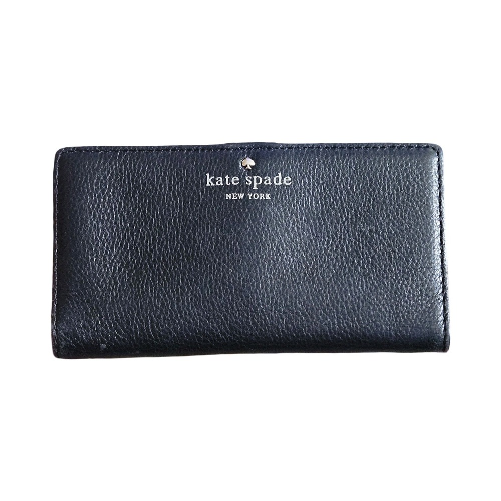 Kate‎ Spade New York Black Pebbled Leather Bifold Slim Wallet Gold Hardware